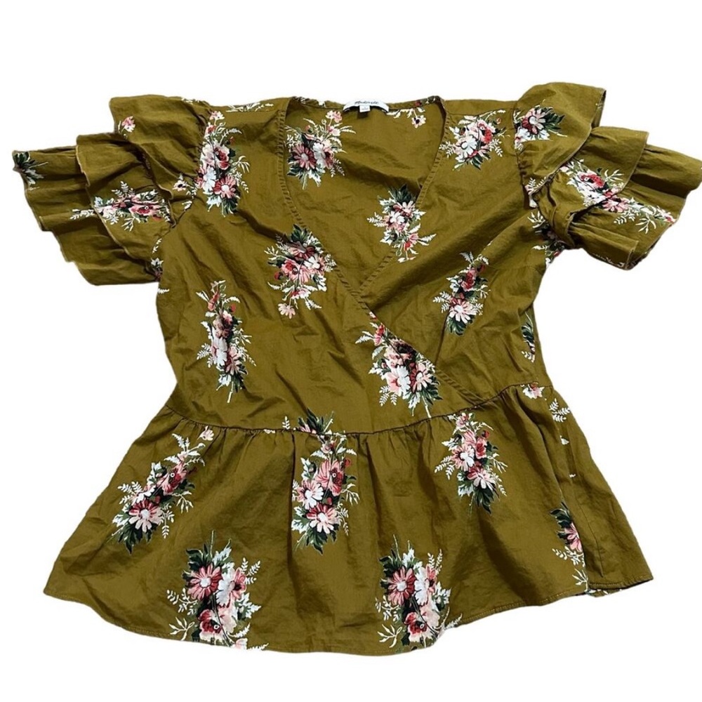 Madewell L2967 corsage tiered sleeve peplum top Floral Olive Size 4